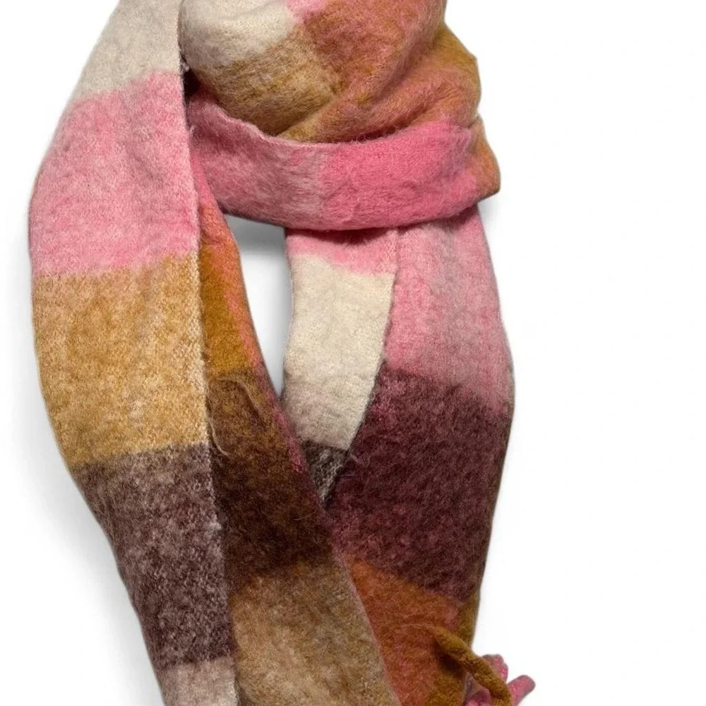 Next Pink Brown Plaid Blanket Scarf Oversized Fuzzy Knit Fringe